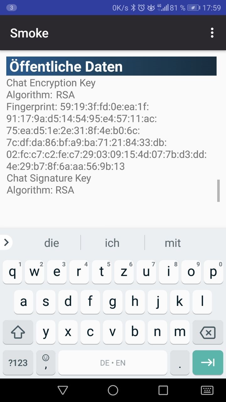 Screenshot der Verschlüsselungsinformation Key und Signatur