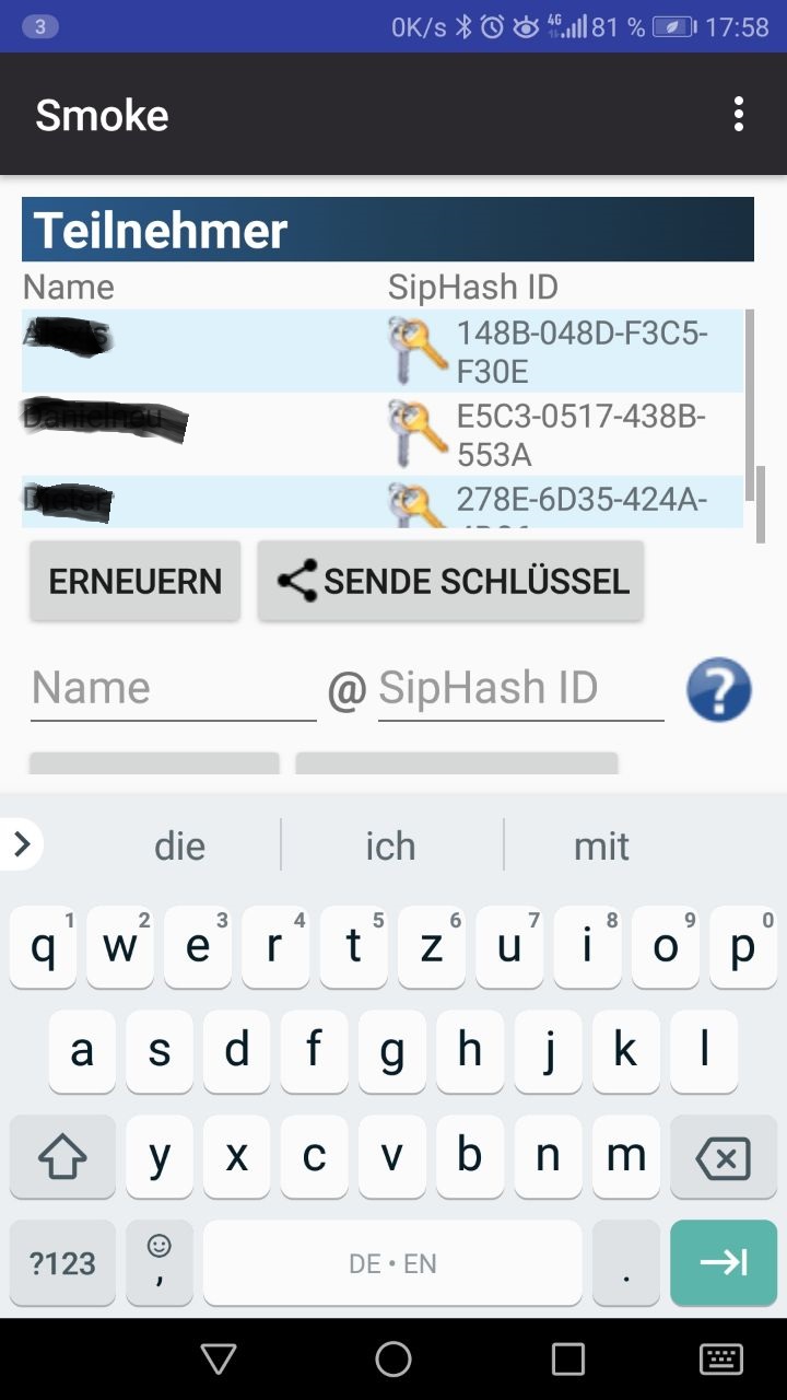 Screenshot erfolgreicher Schlüsselaustausch / Teilnehmerliste